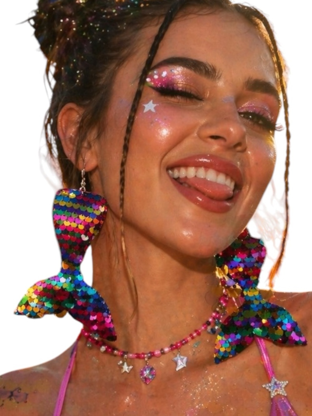 Rainbow Sequin Mermaid Tail Earrings Statement Festival Y2K Iridescent Bold